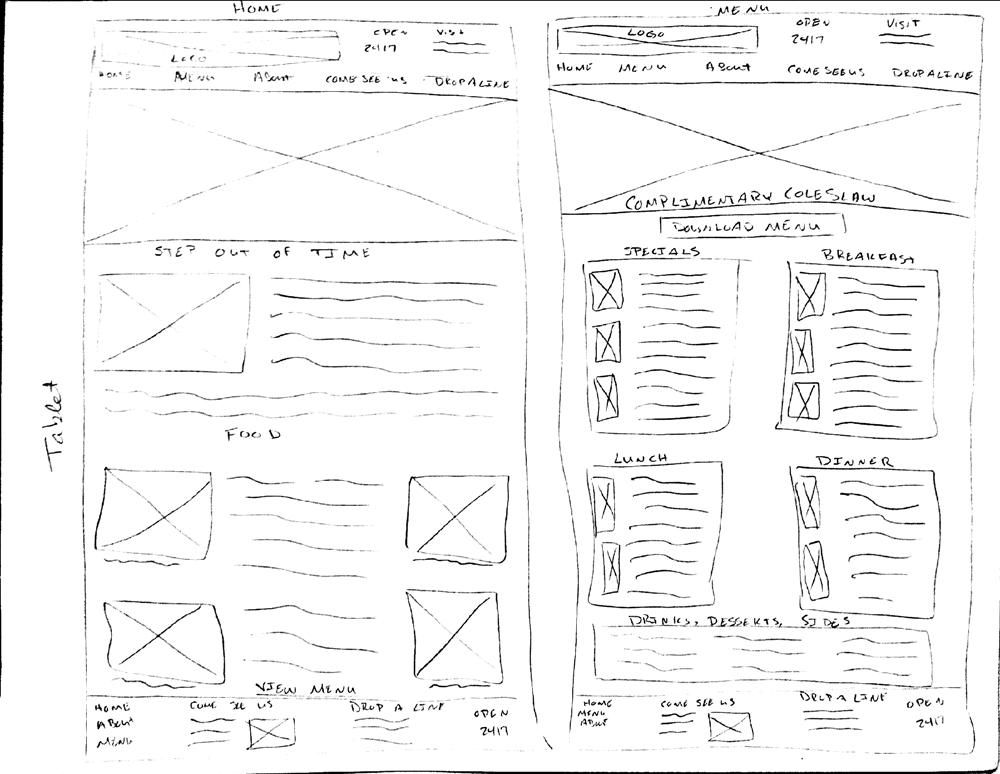 Wireframe of tablet Home and Menu
