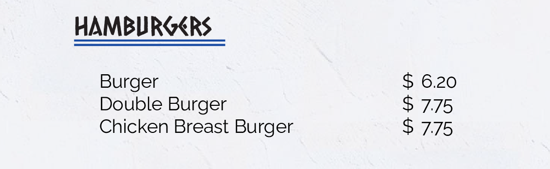 menu burgers items